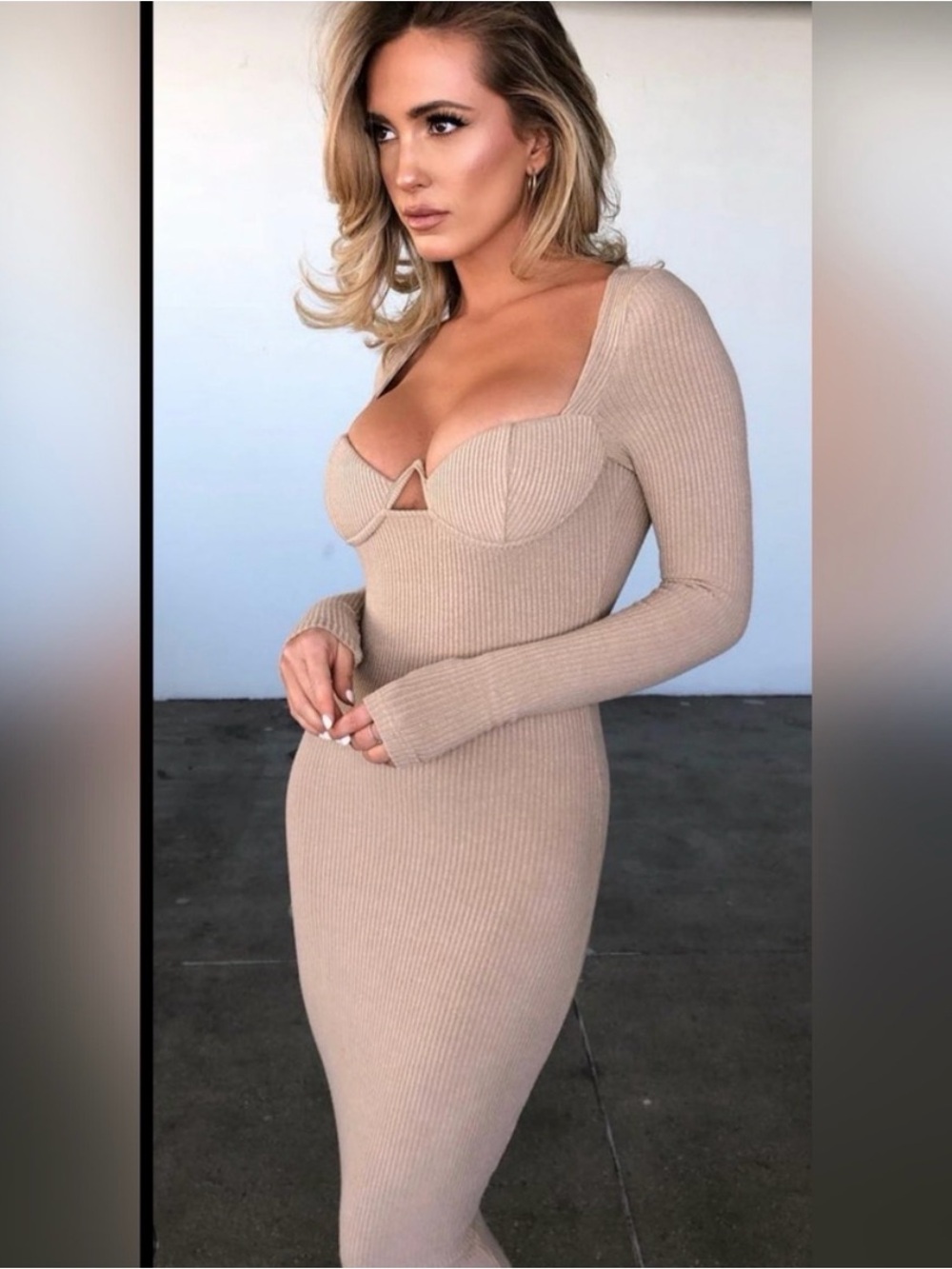 Oh Polly Beige Ribbed Long Sleeve Midi Bodycon Dress